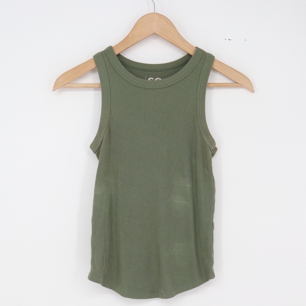 SO Tank Top Womens S Ribbed Olive Green Sleeveless Curved Hem Excellent